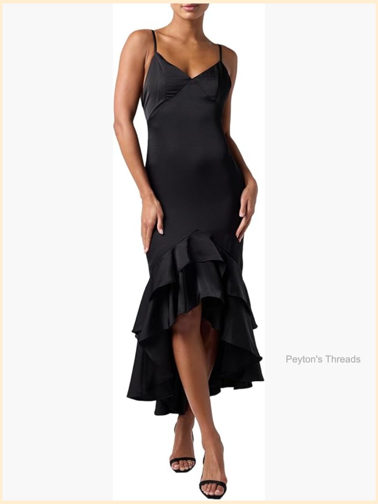 Highlow Ruffle Maxi Dress Satin Adjustable Straps Empire Waist Hidden Zipper
